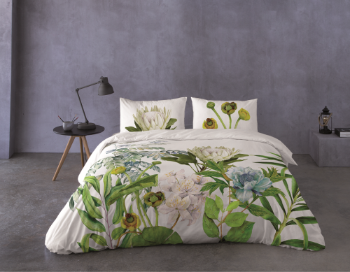 Pościel z bawełny egipskiej 200x220+2x70x80 Zielone Kwiaty 09 perkal Prestige