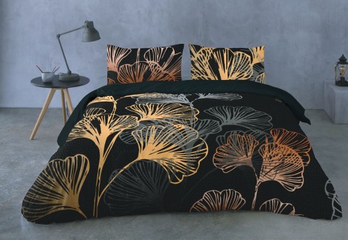 Pościel z bawełny egipskiej 200x220+2x70x80 Czarna Ginkgo Biloba 12 perkal Prestige