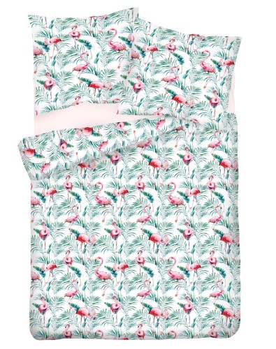 Pościel satynowa 200x220+2x70x80 różowe Flamingi 15A Premium Matex
