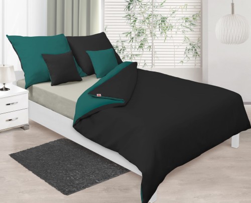 Pościel satyna bawełniana 200x220+2x70x80 Ciemna Zieleń - Czarna Dwustronna