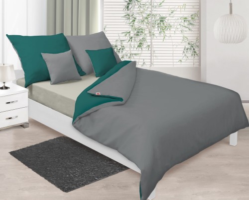 Pościel satyna bawełniana 160x200+2x70x80 Ciemno Zielona - Szara Dwustronna